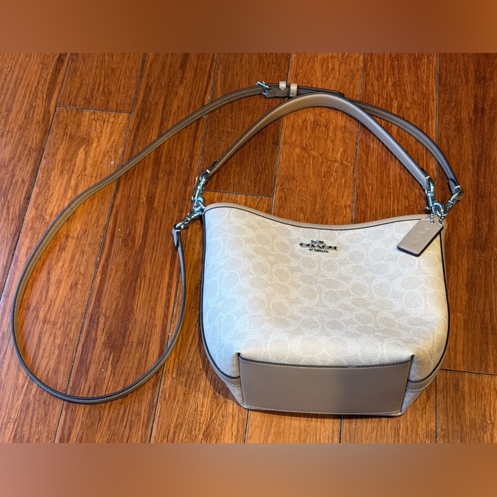 Coach mini bucket taupe cream silver logo coated canvas 2 strap options like new